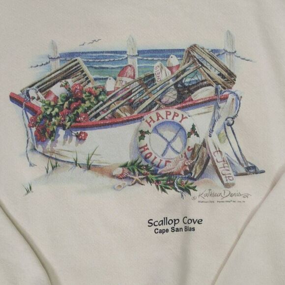 Vintage 90s Lee Men’s XL Scallop Cove Cream Pullover Crewneck Sweater - Picture 4 of 9